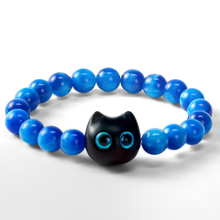 Buddha Stones 青い樹脂ビーズと黒檀猫型バランスブレスレット - image 15