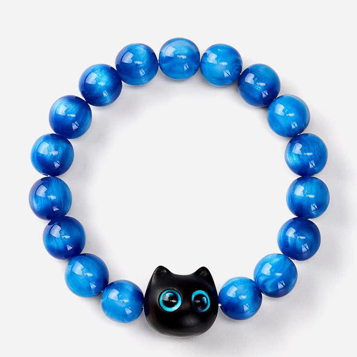 Buddha Stones 青い樹脂ビーズと黒檀猫型バランスブレスレット - image 2