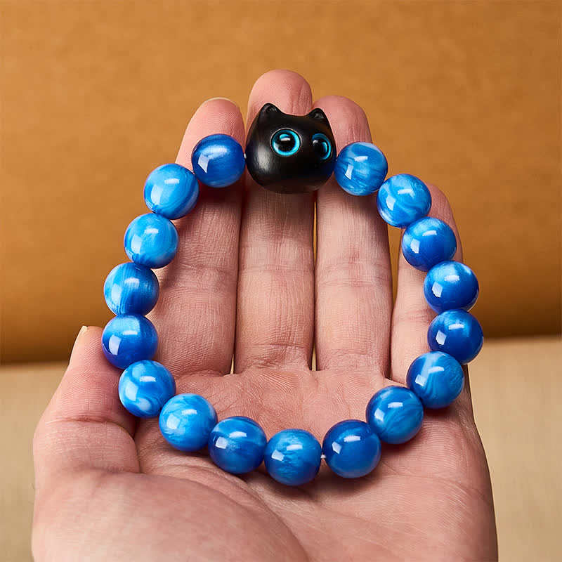 Buddha Stones 青い樹脂ビーズと黒檀猫型バランスブレスレット - image 5