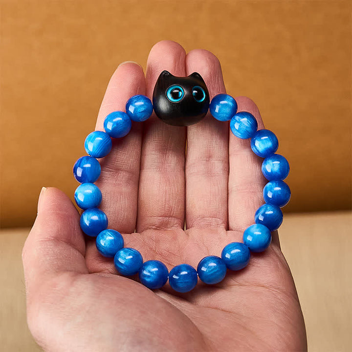 Buddha Stones 青い樹脂ビーズと黒檀猫型バランスブレスレット - image 14