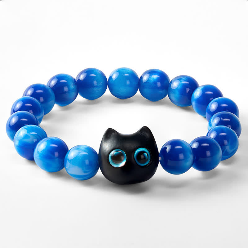Buddha Stones 青い樹脂ビーズと黒檀猫型バランスブレスレット - image 6