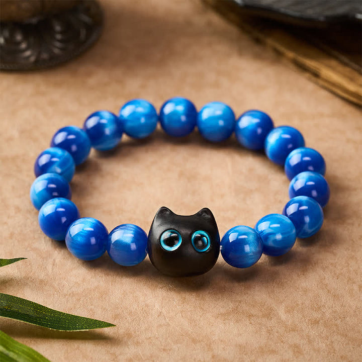 Buddha Stones 青い樹脂ビーズと黒檀猫型バランスブレスレット - image 1