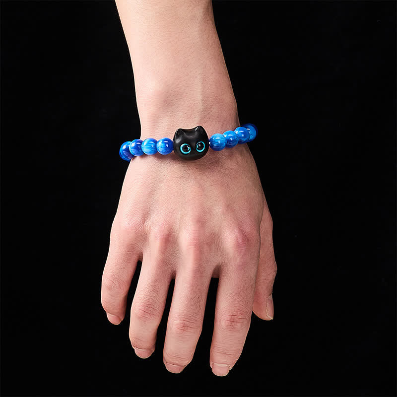 Buddha Stones 青い樹脂ビーズと黒檀猫型バランスブレスレット - image 13