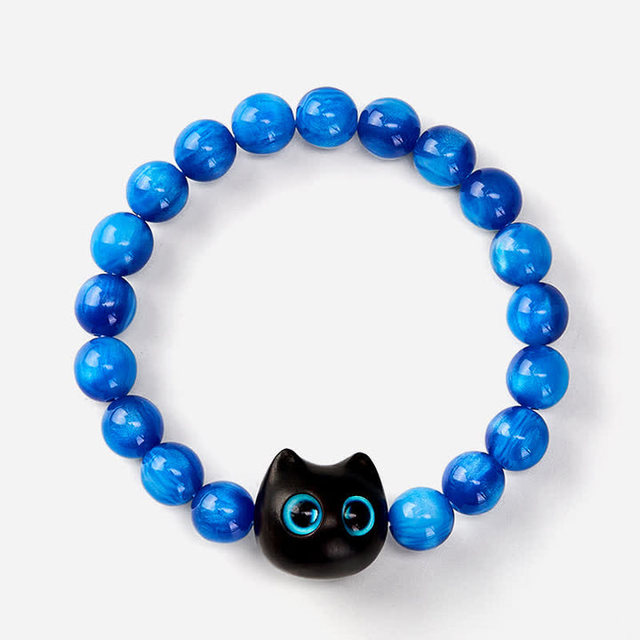 Buddha Stones 青い樹脂ビーズと黒檀猫型バランスブレスレット - image 11