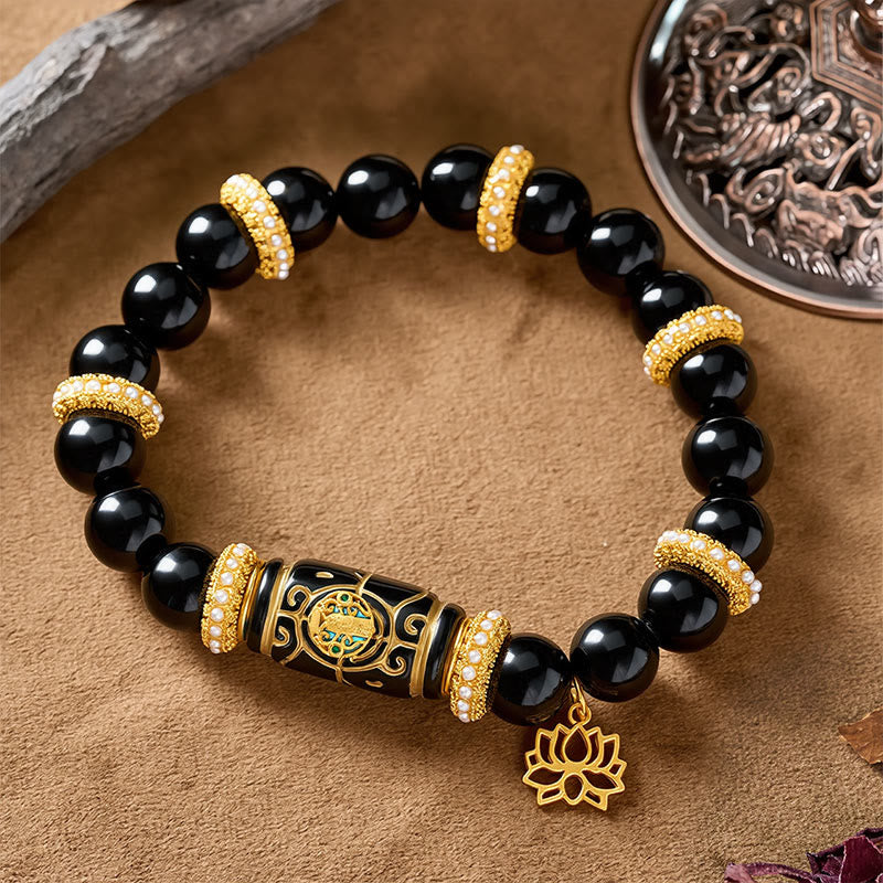 Buddha Stones 黒曜石樹脂製バレルビーズ蓮ペンダント付きラウンドビーズブレスレット - 黒曜石（手首周り：17～18cm） - image 0