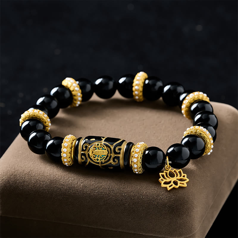 Buddha Stones 黒曜石樹脂製バレルビーズ蓮ペンダント付きラウンドビーズブレスレット - image 1