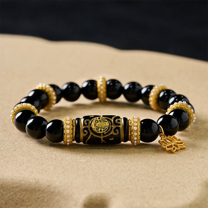 Buddha Stones 黒曜石樹脂製バレルビーズ蓮ペンダント付きラウンドビーズブレスレット - image 7