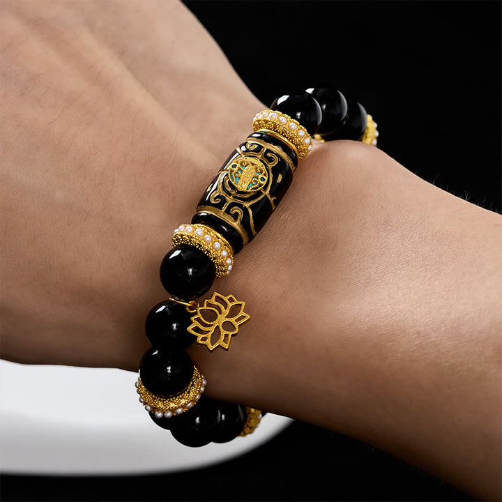 Buddha Stones 黒曜石樹脂製バレルビーズ蓮ペンダント付きラウンドビーズブレスレット - image 4