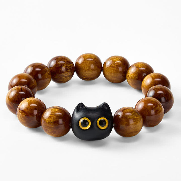 Buddha Stones 黄色の樹脂ビーズ、黄色の目、黒檀猫モチーフの落ち着いたブレスレット - image 14