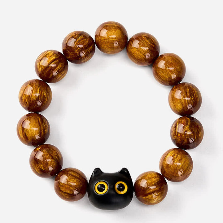 Buddha Stones 黄色の樹脂ビーズ、黄色の目、黒檀猫モチーフの落ち着いたブレスレット - image 11
