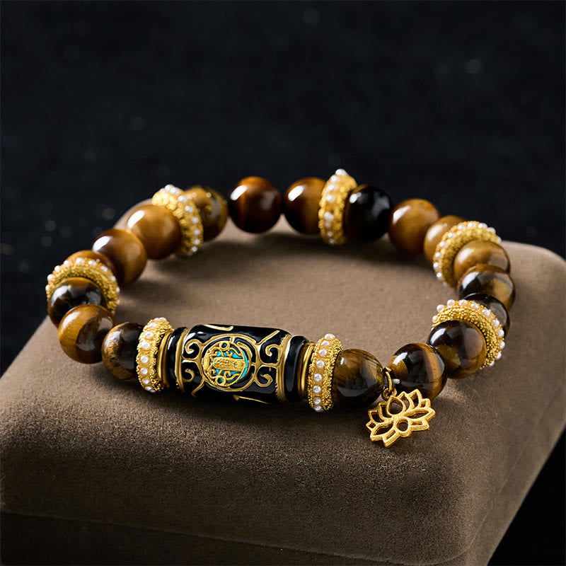 Buddha Stones 天然イエロータイガーアイ樹脂バレルビーズロータスペンダントコンフィデンスラウンドビーズブレスレット - image 1