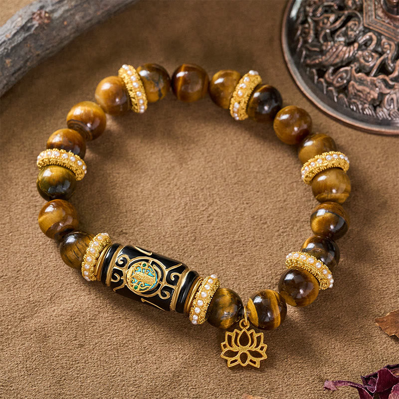 Buddha Stones 天然イエロータイガーアイ樹脂バレルビーズロータスペンダントコンフィデンスラウンドビーズブレスレット - イエロータイガーアイ（手首周り：16～17cm） - image 0