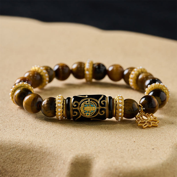 Buddha Stones 天然イエロータイガーアイ樹脂バレルビーズロータスペンダントコンフィデンスラウンドビーズブレスレット - image 7