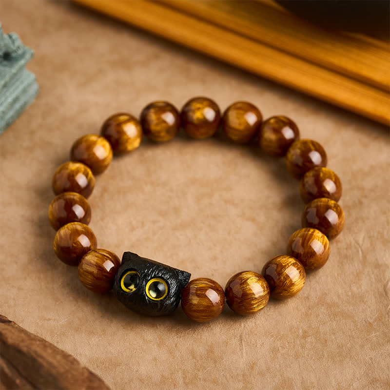 Buddha Stones 黄色の樹脂ビーズと黒檀猫のピースブレスレット - 12 mm（手首周り：6.7～7.1インチ / 17～18cm） - image 9