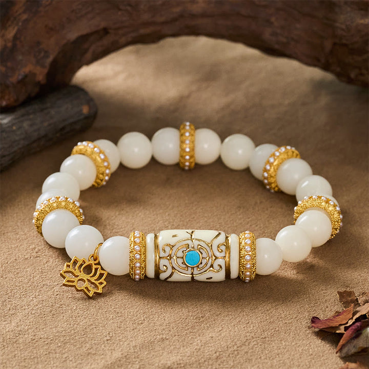 Buddha Stones ホワイト菩提樹の種子樹脂製バレルビーズ蓮のペンダント付きラウンド瞑想ブレスレット - image 7