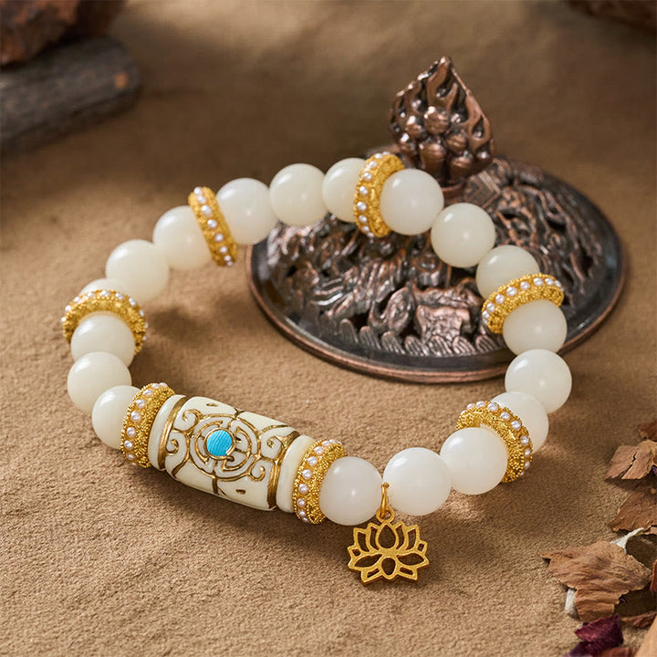 Buddha Stones ホワイト菩提樹の種子樹脂製バレルビーズ蓮のペンダント付きラウンド瞑想ブレスレット - image 3