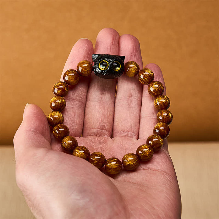Buddha Stones 黄色の樹脂ビーズと黒檀猫のピースブレスレット - image 7