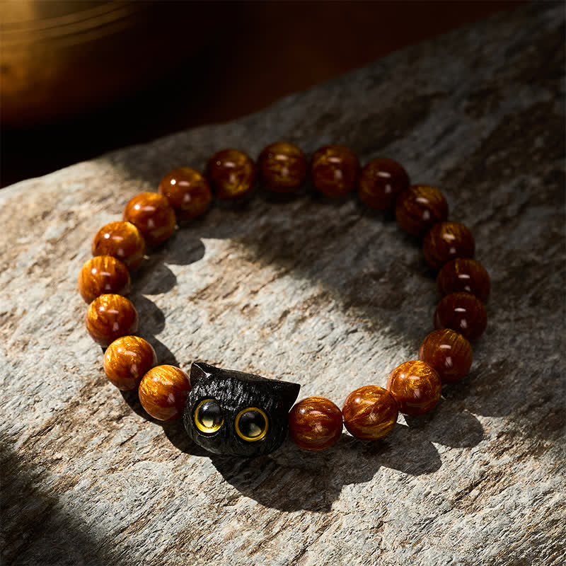 Buddha Stones 黄色の樹脂ビーズと黒檀猫のピースブレスレット - image 2
