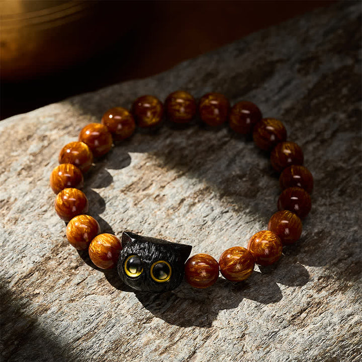 Buddha Stones 黄色の樹脂ビーズと黒檀猫のピースブレスレット - image 2