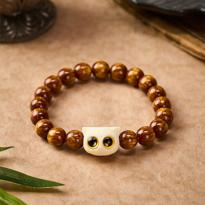 Buddha Stones 黄色の樹脂ビーズとアイボリーのフルーツキャットの知恵ブレスレット - 10 mm（手首周り：6.3～6.7インチ / 16～17cm） - image 0
