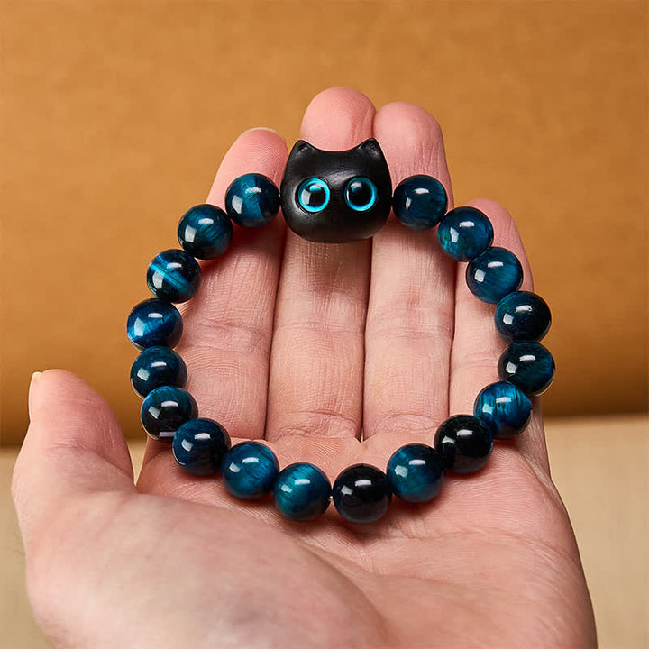 Buddha Stones ブルータイガーアイと黒檀の猫の強さブレスレット - image 5