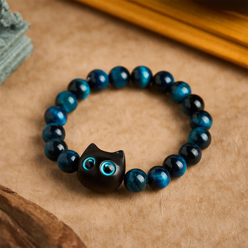Buddha Stones ブルータイガーアイと黒檀の猫の強さブレスレット - 10 mm（手首周り：6.3～6.7インチ / 16～17cm） - image 0