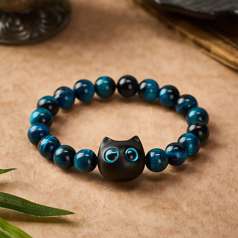 Buddha Stones ブルータイガーアイと黒檀の猫の強さブレスレット - image 1