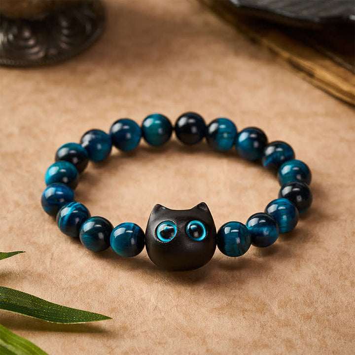 Buddha Stones ブルータイガーアイと黒檀の猫の強さブレスレット - image 1