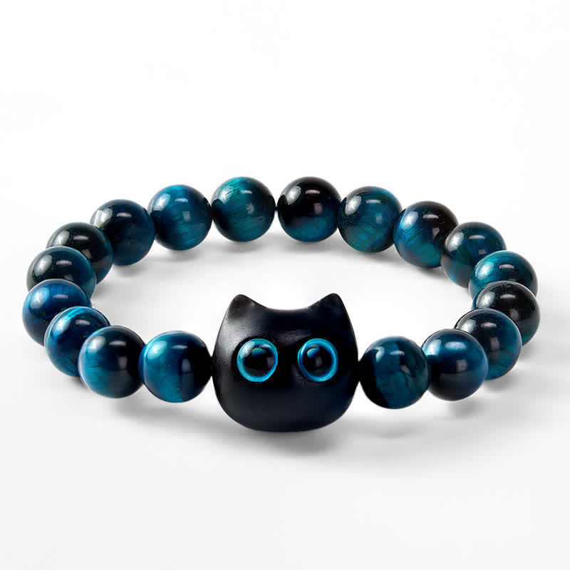 Buddha Stones ブルータイガーアイと黒檀の猫の強さブレスレット - image 6