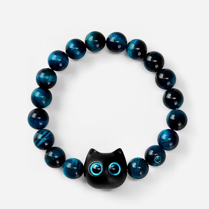 Buddha Stones ブルータイガーアイと黒檀の猫の強さブレスレット - image 2