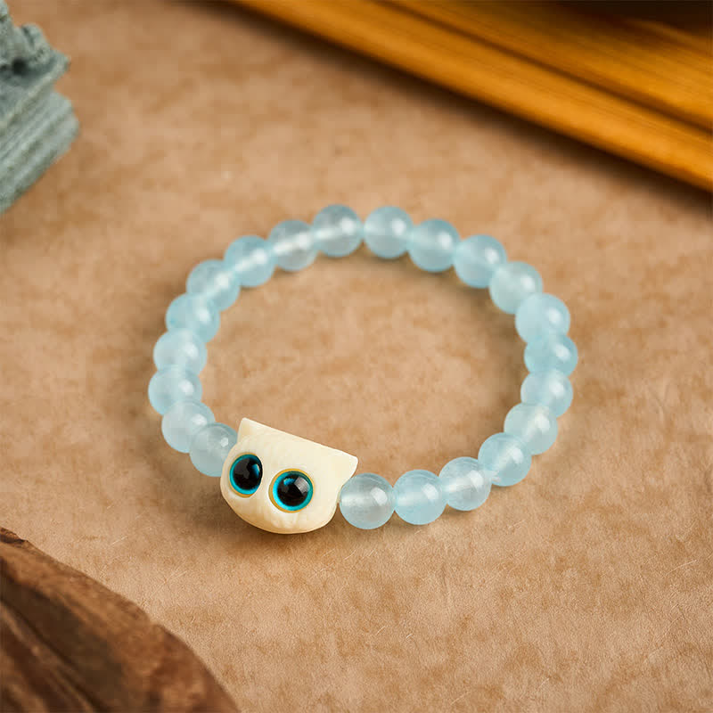 Buddha Stones ブルーカルセドニーアイボリーフルーツキャットパワーブレスレット - image 1