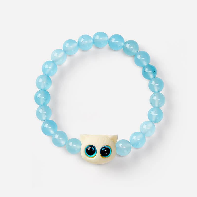 Buddha Stones ブルーカルセドニーアイボリーフルーツキャットパワーブレスレット - image 2