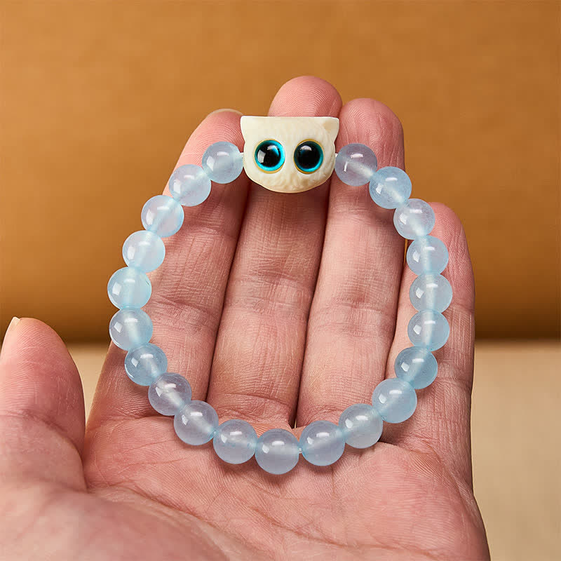 Buddha Stones ブルーカルセドニーアイボリーフルーツキャットパワーブレスレット - image 5