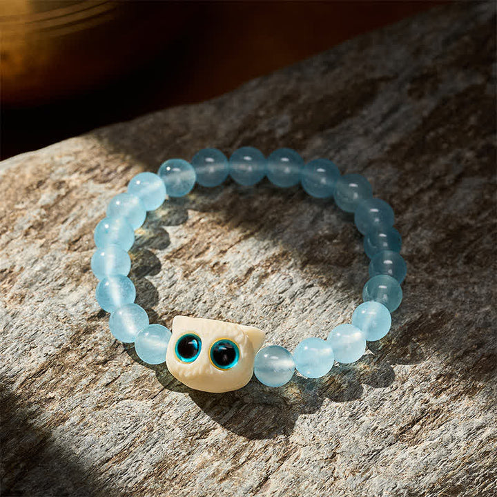 Buddha Stones ブルーカルセドニーアイボリーフルーツキャットパワーブレスレット - image 3