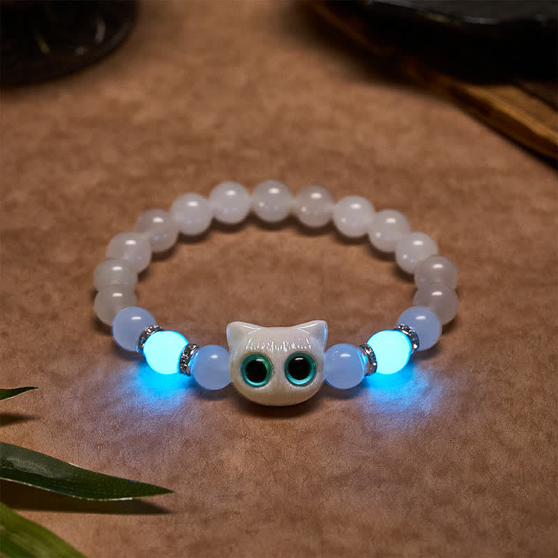 Buddha Stones ホワイトジェイドとブラックオブシディアンを使った猫の頭モチーフのピュリティビーズブレスレット - 白翡翠（手首周り：15～16cm） - image 0