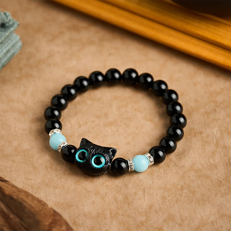 Buddha Stones ホワイトジェイドとブラックオブシディアンを使った猫の頭モチーフのピュリティビーズブレスレット - image 14