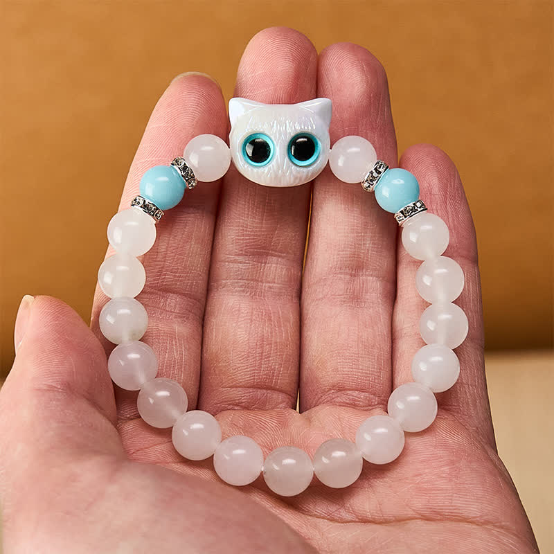 Buddha Stones ホワイトジェイドとブラックオブシディアンを使った猫の頭モチーフのピュリティビーズブレスレット - image 6
