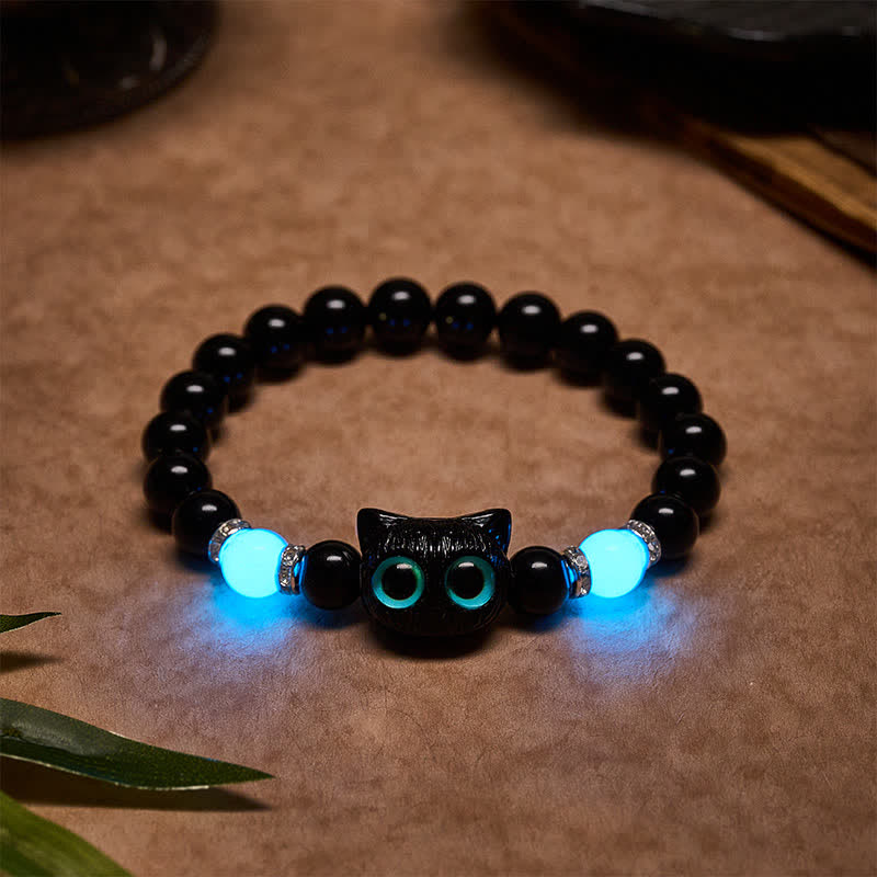 Buddha Stones ホワイトジェイドとブラックオブシディアンを使った猫の頭モチーフのピュリティビーズブレスレット - 黒曜石（手首周り：15～16cm） - image 12