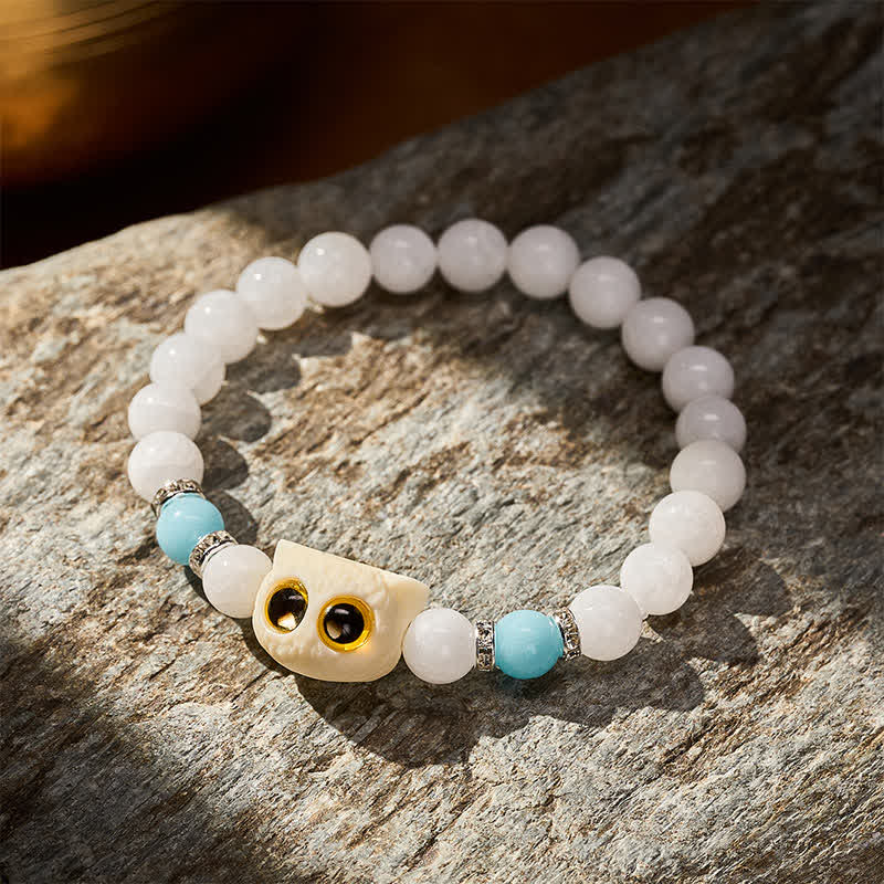 Buddha Stones 黒曜石と白玉の玉虫玉、大きな目の猫の頭のピュリティビーズブレスレット - image 7