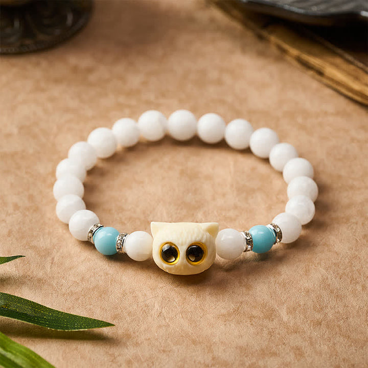 Buddha Stones 黒曜石と白玉の玉虫玉、大きな目の猫の頭のピュリティビーズブレスレット - image 2