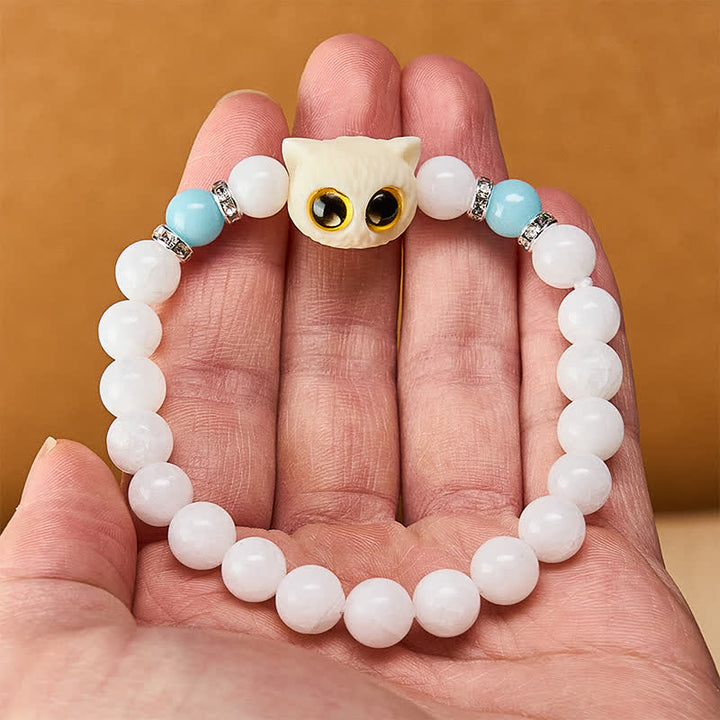 Buddha Stones 黒曜石と白玉の玉虫玉、大きな目の猫の頭のピュリティビーズブレスレット - image 5
