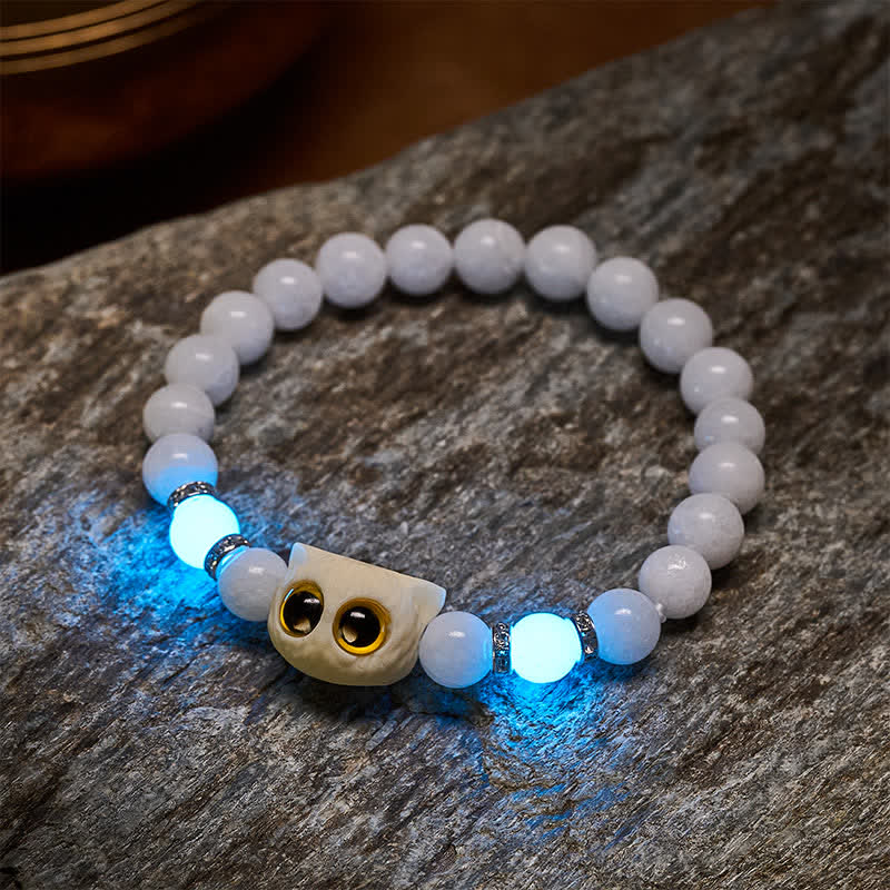 Buddha Stones 黒曜石と白玉の玉虫玉、大きな目の猫の頭のピュリティビーズブレスレット - image 3