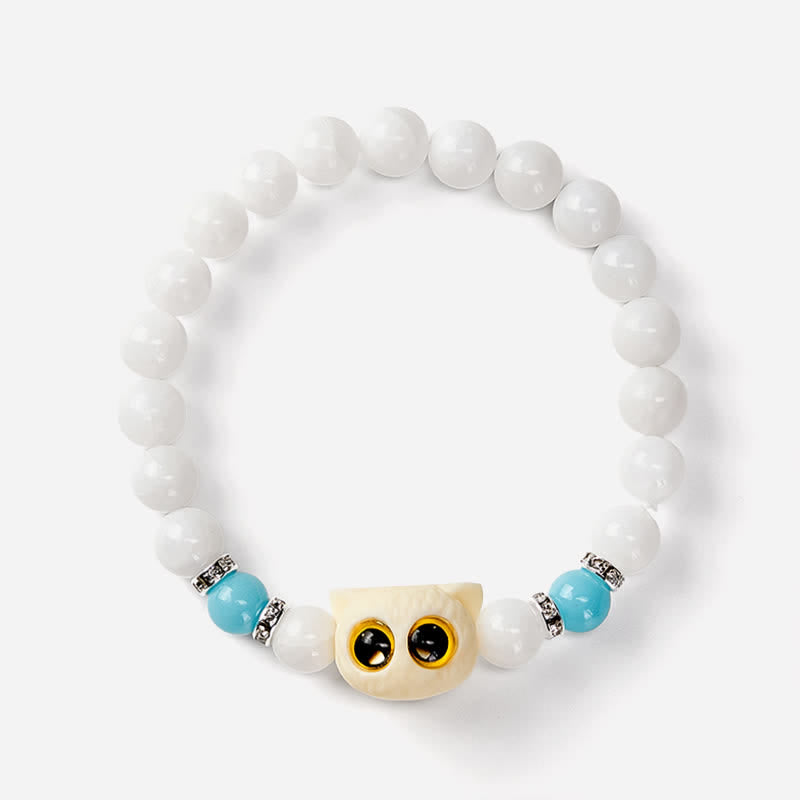 Buddha Stones 黒曜石と白玉の玉虫玉、大きな目の猫の頭のピュリティビーズブレスレット - image 8