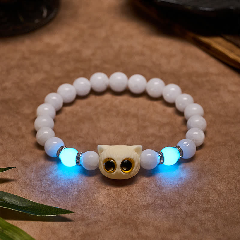 Buddha Stones 黒曜石と白玉の玉虫玉、大きな目の猫の頭のピュリティビーズブレスレット - ホワイトカルセドニー（手首周り：15～16cm） - 8mm - image 0