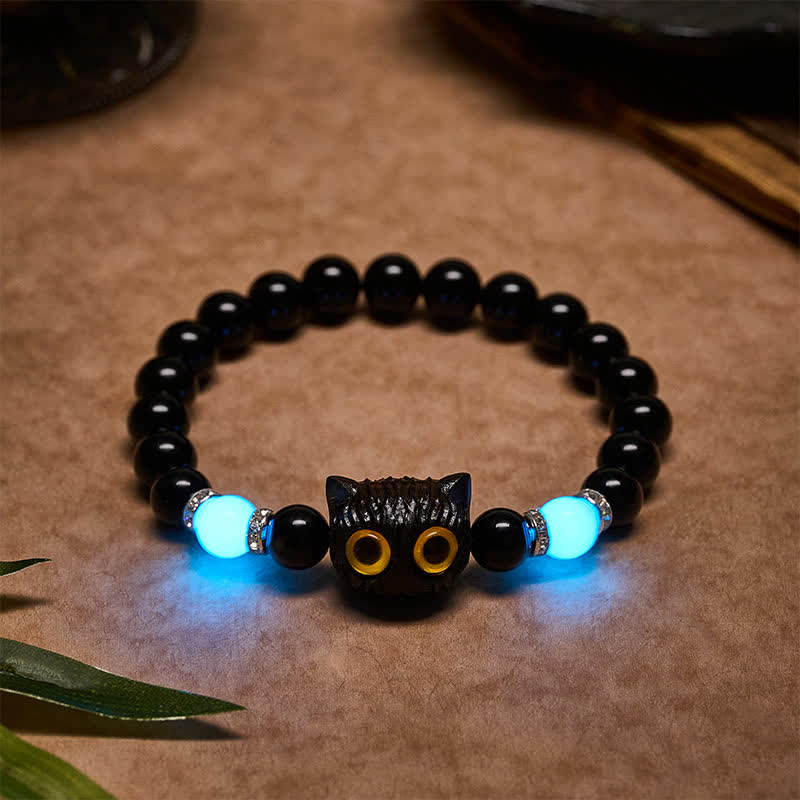 Buddha Stones 黒曜石と白玉の玉虫玉、大きな目の猫の頭のピュリティビーズブレスレット - 黒曜石（手首周り：15～16cm） - 8mm - image 14