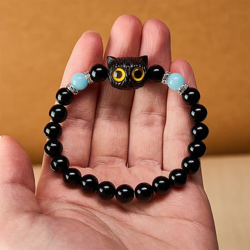 Buddha Stones 黒曜石と白玉の玉虫玉、大きな目の猫の頭のピュリティビーズブレスレット - image 19