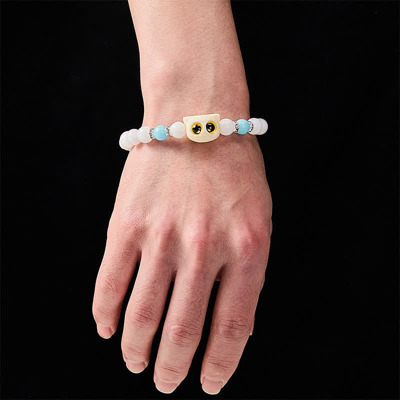 Buddha Stones 黒曜石と白玉の玉虫玉、大きな目の猫の頭のピュリティビーズブレスレット - image 4