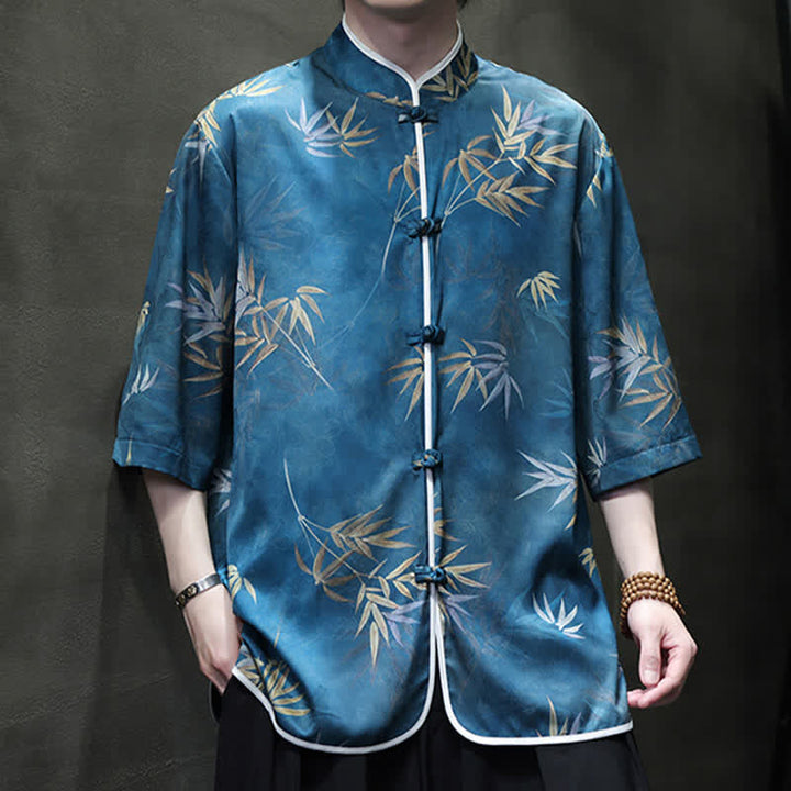 Buddha Stones 春夏ヴィンテージ唐風マンダリンカラー竹柄メンズ肘丈袖シャツ - image 19