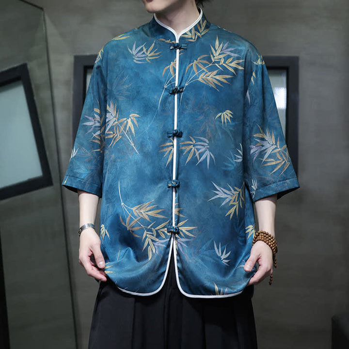 Buddha Stones 春夏ヴィンテージ唐風マンダリンカラー竹柄メンズ肘丈袖シャツ - スカイブルー - US/UK/AU46、 EU56 (5XL) - image 18