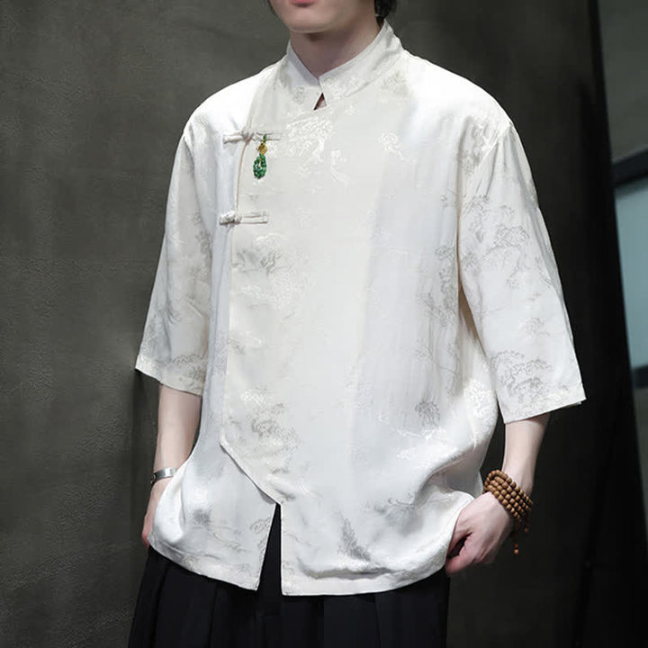 Buddha Stones 春燕柄 エレガントなマンダリンカラー フロッグボタン メンズ 肘丈袖シャツ - 白 - US/UK/AU46、 EU56 (5XL) - image 0